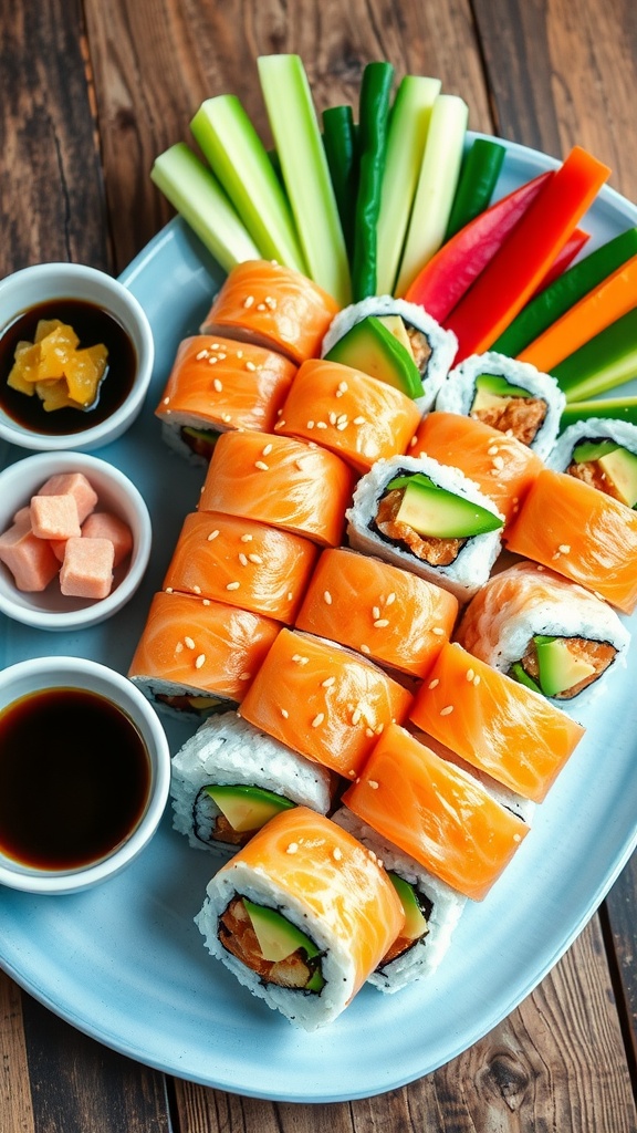 A platter of salmon sushi rolls with avocado and cucumber, garnished with sesame seeds, served with soy sauce and pickled ginger.